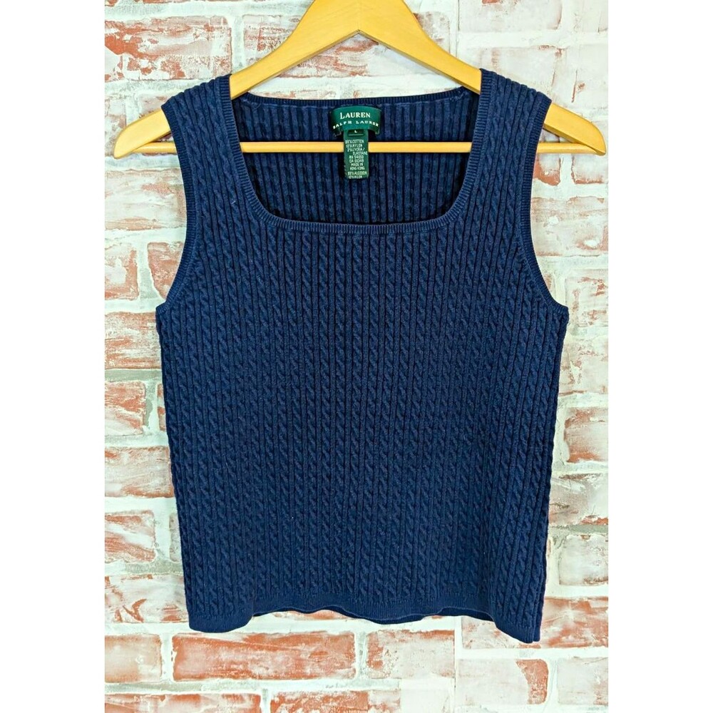 Lauren Ralph Lauren Blue Cable-Knit Sweater Vest Cotton Old Money Preppy Y2K L